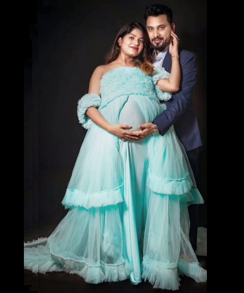 G325, Ice Blue Ruffled Maternity Shoot Gown, Size: All, Color: All
