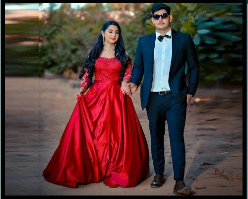 G133, Wine colour Satin Full Sleeves Trail Ball gown, Size: All, Color: All