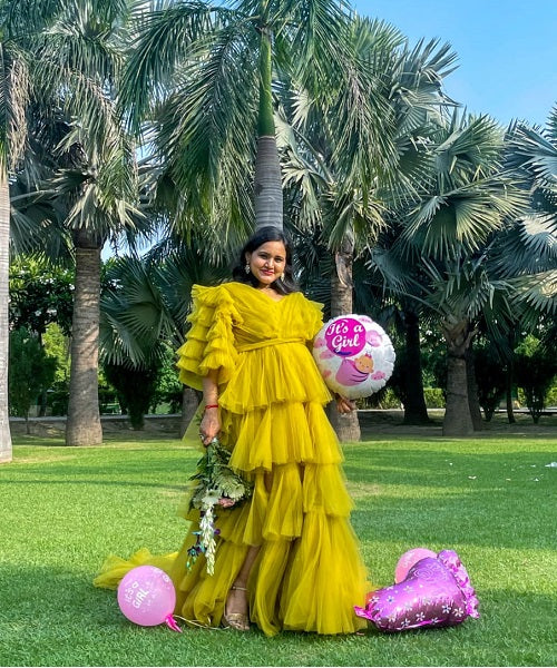 G552, Green Tea Ruffled Slit Cut Maternity Shoot Gown, Size: All, Color: All