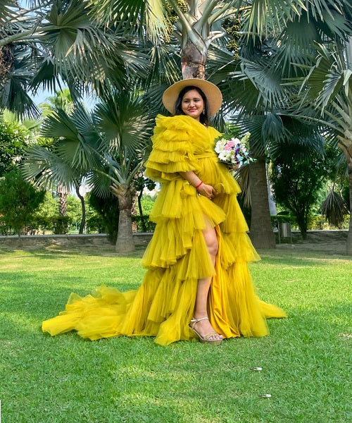 G552, Green Tea Ruffled Slit Cut Maternity Shoot Gown, Size: All, Color: All