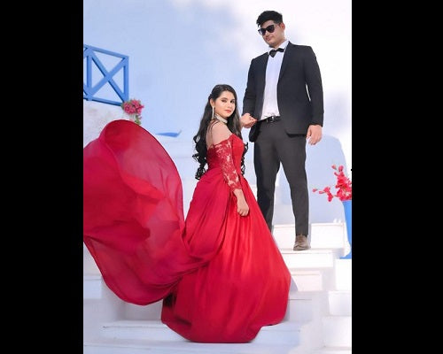 G133, Wine colour Satin Full Sleeves Trail Ball gown, Size: All, Color: All