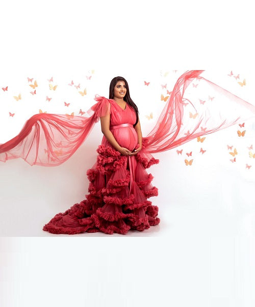 G878, Peach Ruffled Maternity Shoot Gown With Inner, Size: All, Color: All