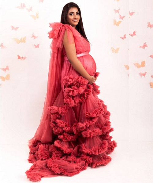 G878, Peach Ruffled Maternity Shoot Gown With Inner, Size: All, Color: All