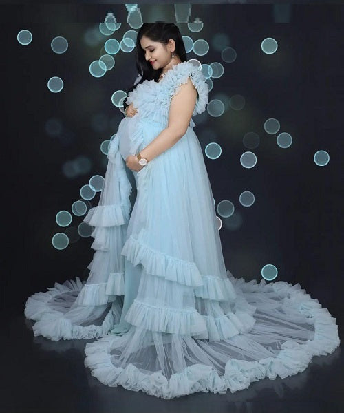 G325, Ice Blue Ruffled Maternity Shoot Gown, Size: All, Color: All