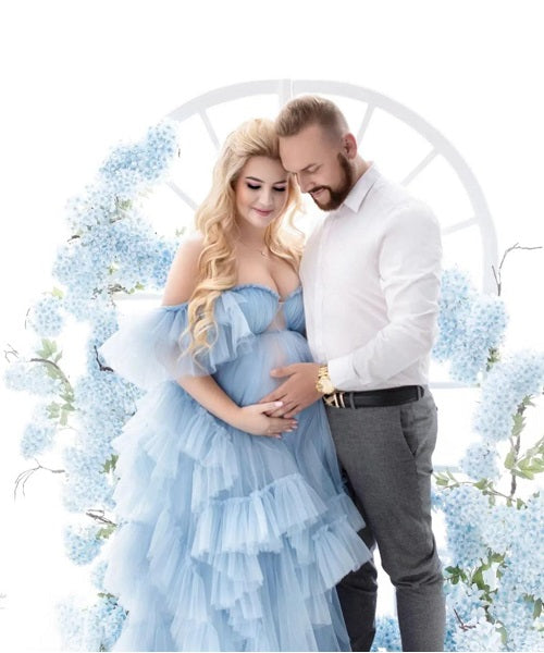 G466, Blue Frilled Maternity Shoot Gown With Inner, Size (All)