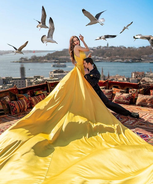 G585, Yellow Slit Cut Prewedding Long Trail Georgette Gown, Size: All, Color: All