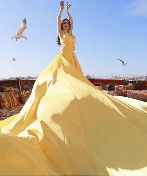 G585, Yellow Slit Cut Prewedding Long Trail Georgette Gown, Size: All, Color: All