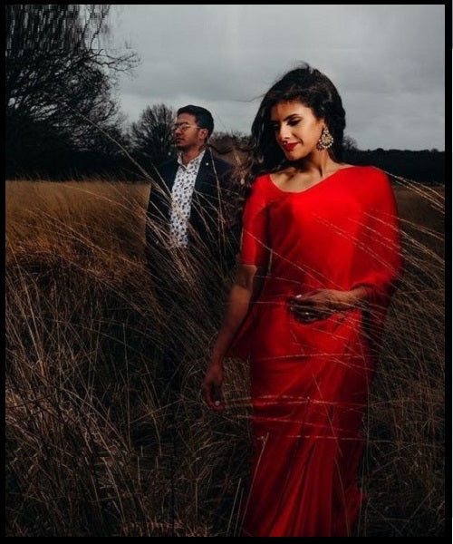 L508, Red Georgette Prewedding Shoot Long Trail Saree, Size: All, Color: All