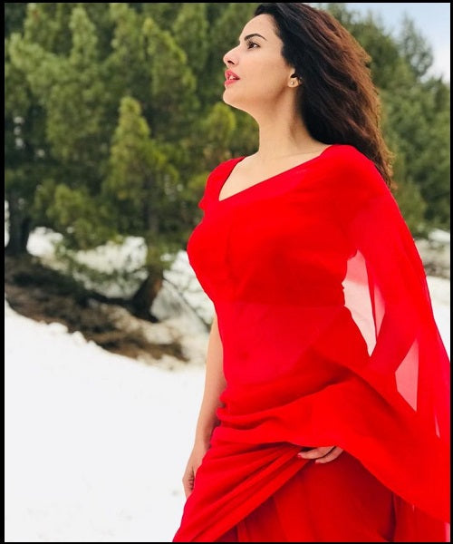 L508, Red Georgette Prewedding Shoot Long Trail Saree, Size: All, Color: All