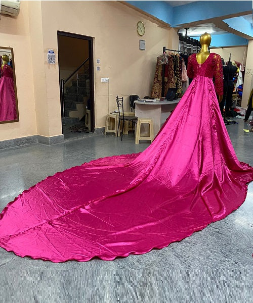 G252, Rani Pink Prewedding Long Trail Gown Size: All, Color: All