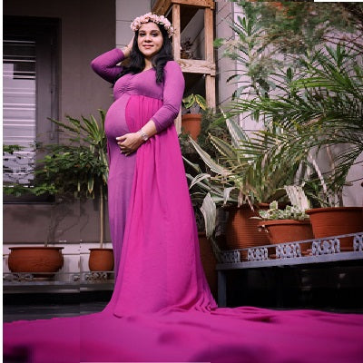G41,Purple Maternity shoot Baby Shower Lycra Body Fit Gown, Size: All, Color: All