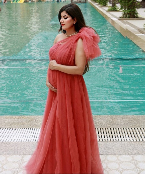 G419, Watermelon  Maternity One Shoulder Gown, Size: All, Color: All