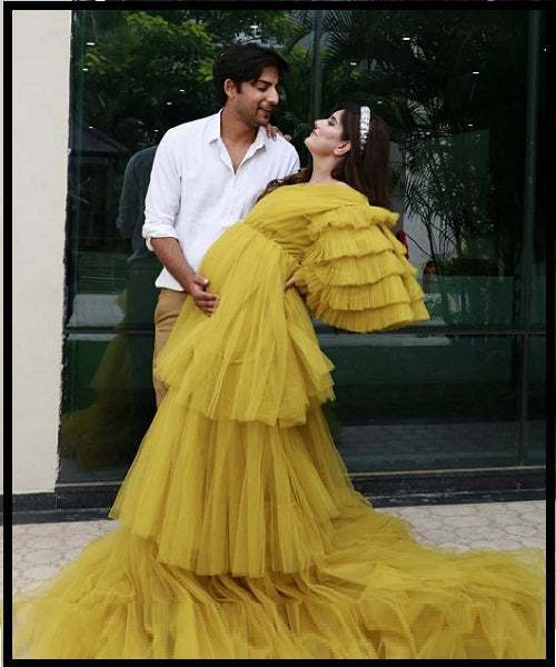 G552, Green Tea Ruffled Slit Cut Maternity Shoot Gown, Size: All, Color: All