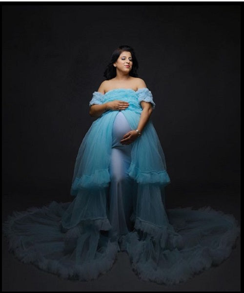 G325, Ice Blue Ruffled Maternity Shoot Gown, Size: All, Color: All