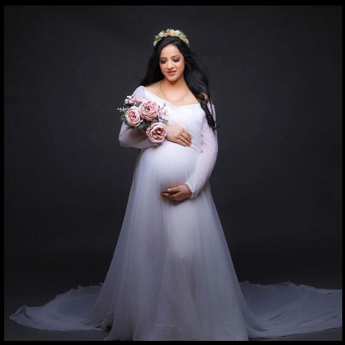 G444, White Trail Lycra Body Fit Maternity Gown, Size: All, Color: All