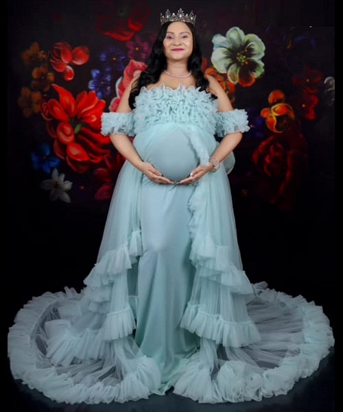 G325, Ice Blue Ruffled Maternity Shoot Gown, Size: All, Color: All