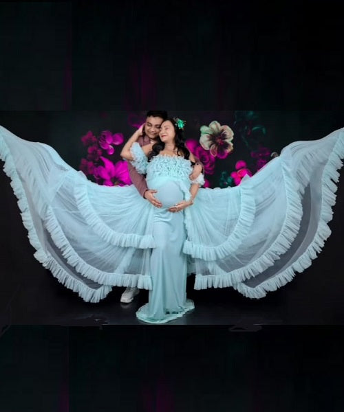 G325, Ice Blue Ruffled Maternity Shoot Gown, Size: All, Color: All