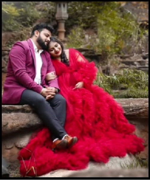 G448, Wine Ruffled Maternity Shoot Gown, Size: All, Color: All