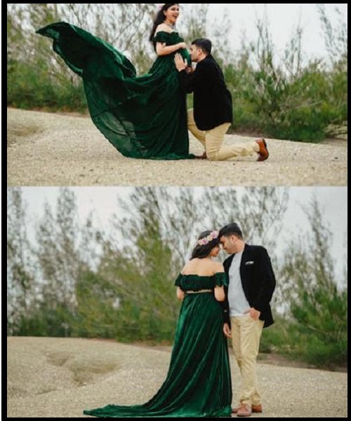 G581, Green Velvet Lycra shoot Trail Gown, Size: All, Color: All