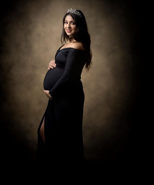 G106, Black Slit Cut Maternity Shoot Trail Baby Shower Gown, Size: All, Color: All