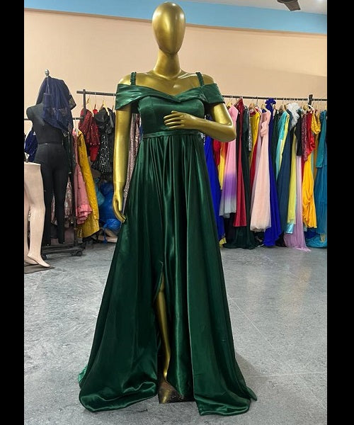 G900, Green Satin Slit Cut Pre Wedding Shoot Long Trail Gown, Size: All, Color: All