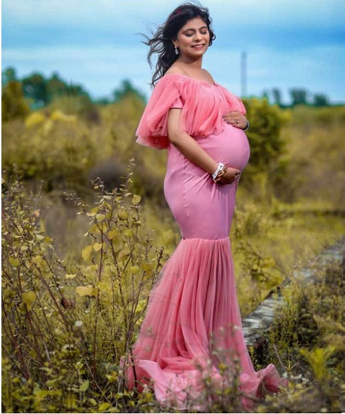 G508 , Peach Maternity Shoot Baby Shower Trail Gown, Size: All, Color: All