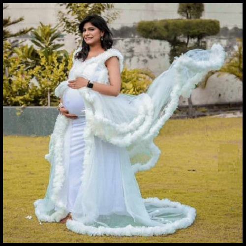 W558, White Ruffled Maternity Shoot Baby Shower Trail Gown Size: All, Color: All
