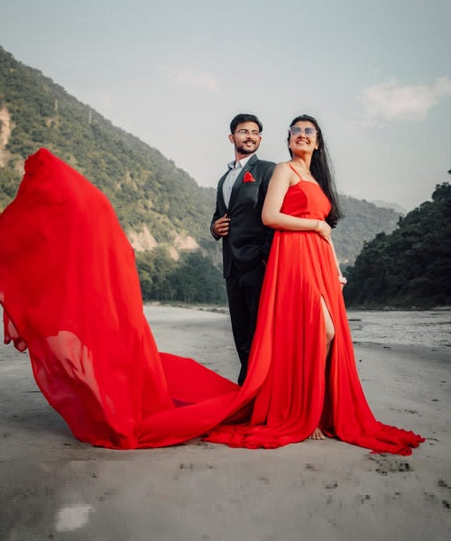 G59, Red Tube Slit Cut Prewedding Long Trail Gown, Size: All, Color: All