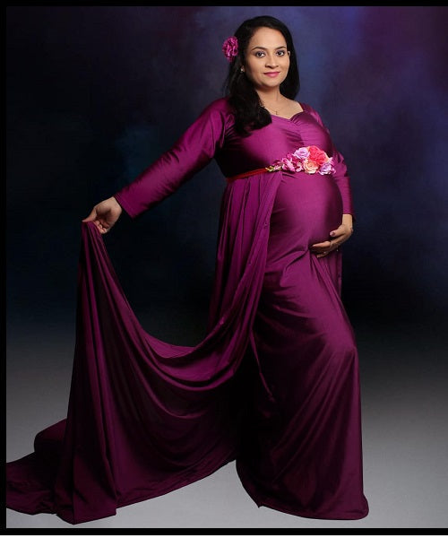 G41,Purple Maternity shoot Baby Shower Lycra Body Fit Gown, Size: All, Color: All