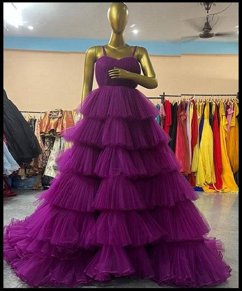 G755, Purple Ruffle Long Trail Shoot Gown, Size: All, Color: All