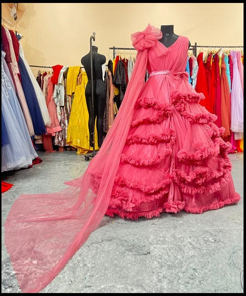 G878, Peach Ruffled Maternity Shoot Gown With Inner, Size: All, Color: All