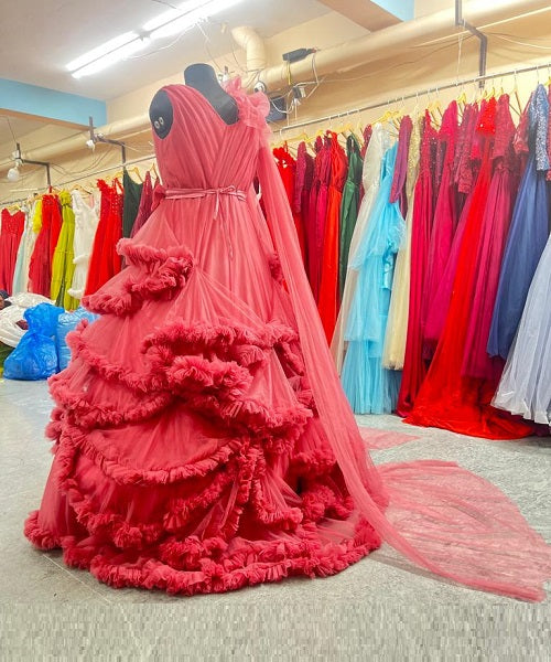 G878, Peach Ruffled Maternity Shoot Gown With Inner, Size: All, Color: All