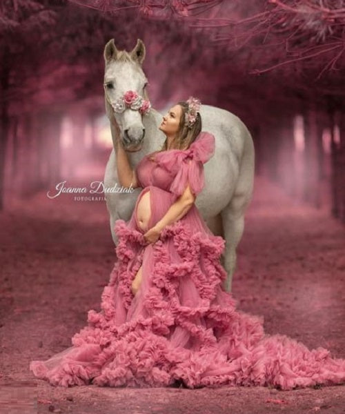 G878, Peach Ruffled Maternity Shoot Gown With Inner, Size: All, Color: All