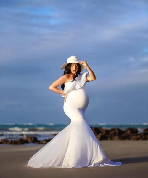 W909, White One Shoulder Maternity Shoot Baby Shower Trail Gown, Size: All, Color: All