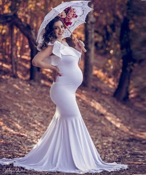 W909, White One Shoulder Maternity Shoot Baby Shower Trail Gown, Size: All, Color: All
