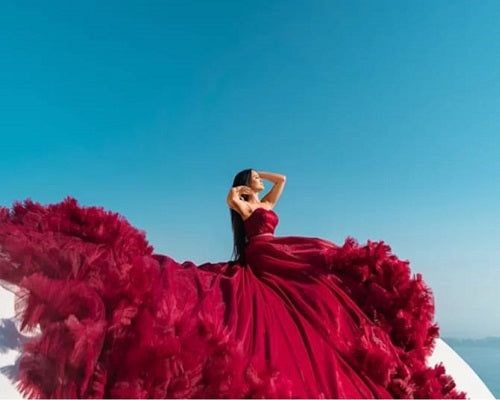 G2032 , Wine Red Tube Top Ruffled Pre Wedding Shoot Trail Gown Size: All, Color: All
