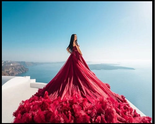 G2032 , Wine Red Tube Top Ruffled Pre Wedding Shoot Trail Gown Size: All, Color: All