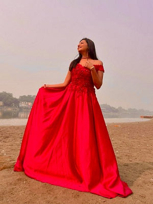 G130, Wine Satin Off Shoulder Trail Ball gown, Size: All, Color: All