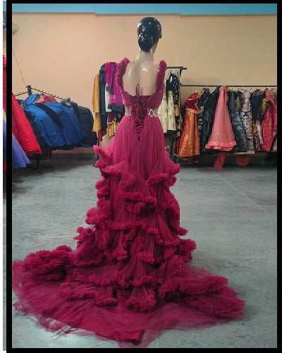 G148, Wine Puffy Maternity Shoot Baby Shower Trail Gown Size: All, Color: All