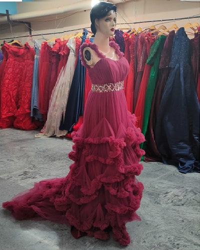 G148, Wine Puffy Maternity Shoot Baby Shower Trail Gown Size: All, Color: All