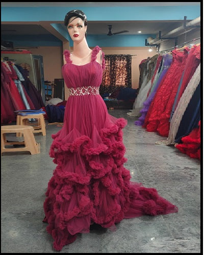 G148, Wine Puffy Maternity Shoot Baby Shower Trail Gown Size: All, Color: All