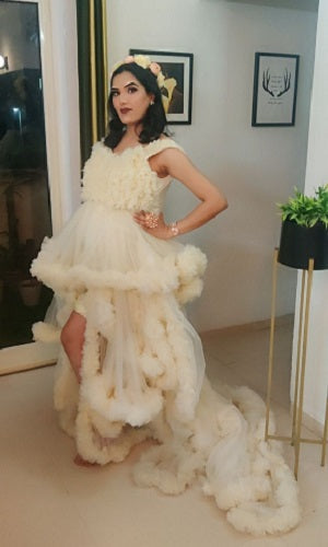 G2011, Cream Ruffled Slit Cut Shoot Trail Gown With Inner Size: All, Color: All