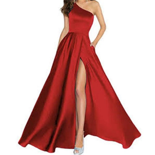 G695, Wine Satin One Shoulder Long Trail Shoot Gown, Size: All, Color: All