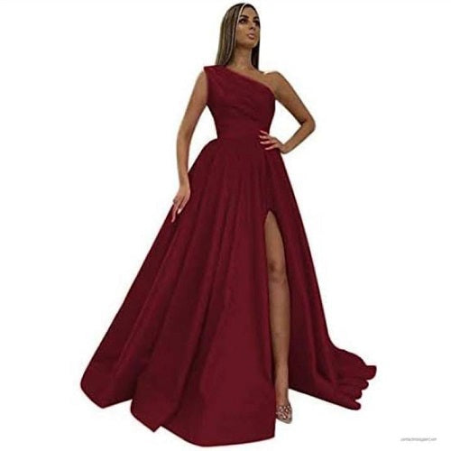 G695, Wine Satin One Shoulder Long Trail Shoot Gown, Size: All, Color: All