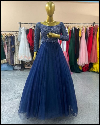 G145, Navy Blue Semi off shoulder Ball Gown, Size (XS-30 to XL-36)