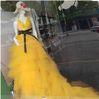 G640, Luxury Yellow Ruffle Long Trail Ball Gown, Size: All, Color: All