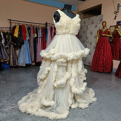 G2011, Cream Ruffled Slit Cut Shoot Trail Gown With Inner Size: All, Color: All