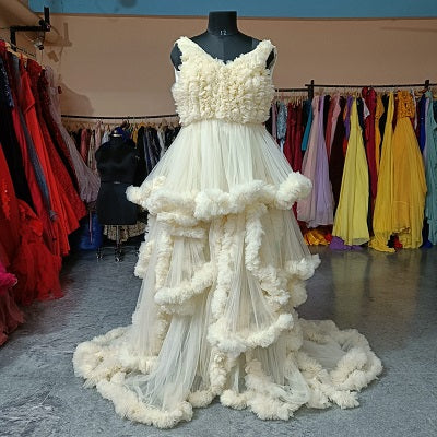 G2011, Cream Ruffled Slit Cut Shoot Trail Gown With Inner Size: All, Color: All