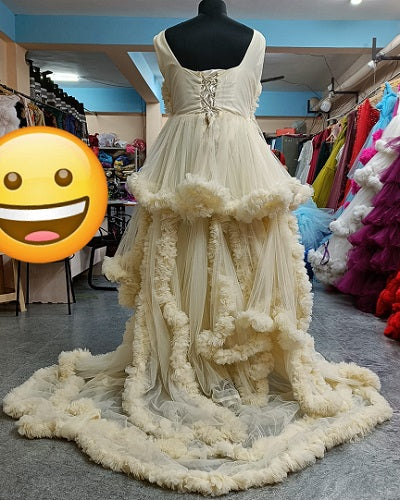 G2011, Cream Ruffled Slit Cut Shoot Trail Gown With Inner Size: All, Color: All