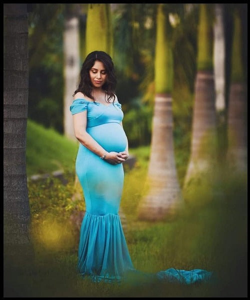 G243,Light Blue Maternity Shoot Baby Shower Trail Lycra Body Fit Gown, Size: All,Color: All